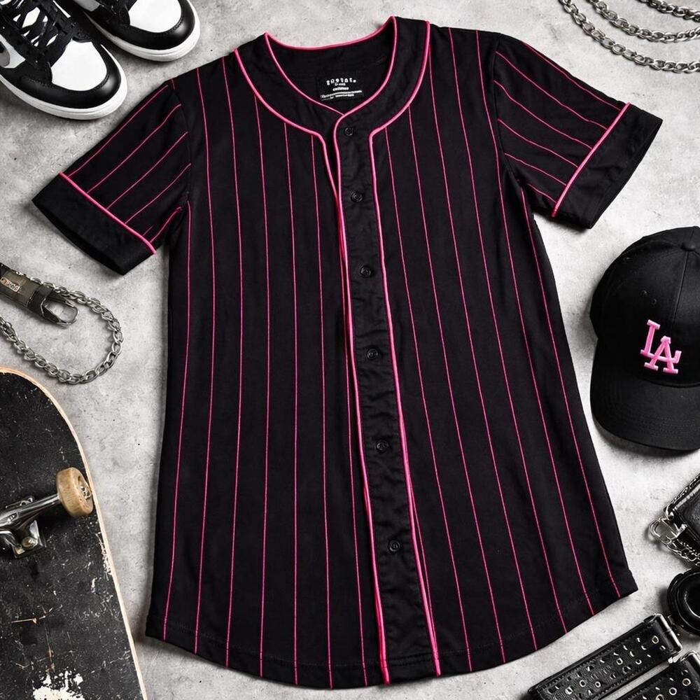 Empyre‎ Mens Y2K Streetwear Skater Baseball Jersey Black Pink Pinstripe Shirt M